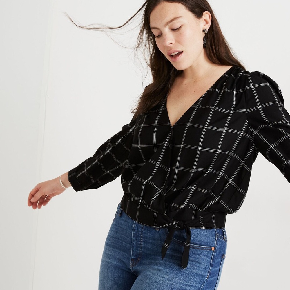 Madewell Black Windowpane Long Sleeve Wrap Blouse Size XS Excellent Condition - Picture 1 of 7